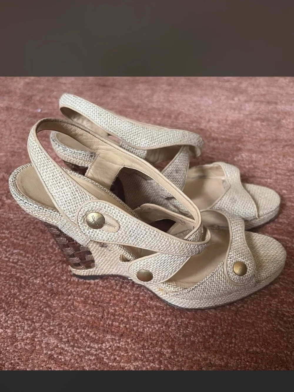 Vintage Ferragamo Woven Beige Women's Strappy Wedge Sandals